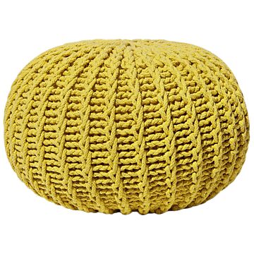 Pouf Ottoman Yellow Knitted Cotton Eps Beads Filling Round Small Footstool 50 X 35 Cm Beliani