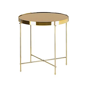 Side Table Golden Brown Tempered Glass Top Gold Metal Legs Round Glam Shiny Beliani