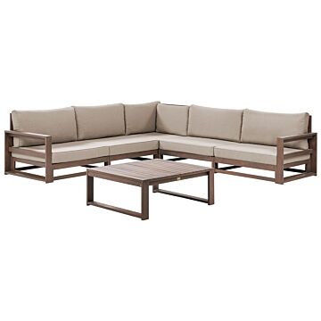 Garden Corner Sofa Set Dark Wood And Taupe Acacia Wood Outdoor 5 Seater With Coffee Table Cushions Modern Design Beliani