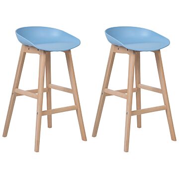 Set Of 2 Bar Stools Light Wood And Blue Plastic 85 Cm Seat Counter Chair Beliani