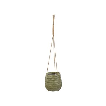 Hanging Plant Pot Green Fibre Clay ⌀ 20 Cm Round Jute String Flower Pot Embossed Pattern Beliani