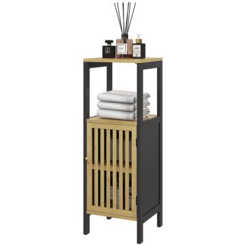Homcom Slim Bathroom Storage Cabinet, Small Bamboo Bathroom Cabinet With Open Compartment And Adjustable Shelf, Black