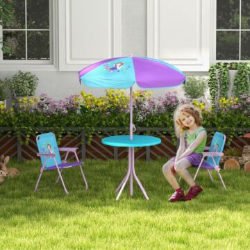 Outsunny Kids Picnic Table And Chair Set, Fairy Themed Outdoor Garden Furniture W/ Foldable Chairs, Adjustable Parasol