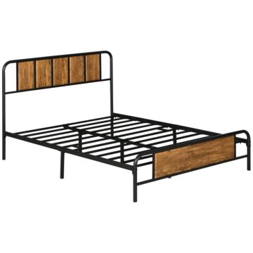 Homcom 25.5cm Double Bed Frame, Industrial Bed Base With Headboard, Footboard, Steel Slat Support And Under Bed Storage, 145 X 199cm, Rustic Brown