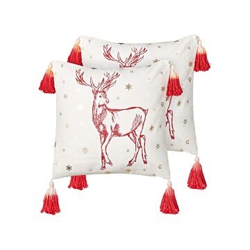 Set Of 2 Scatter Cushions White Red Cotton 45 X 45 Cm Christmas Motif Reindeer Print Tassels Accessories Festive Decor Beliani