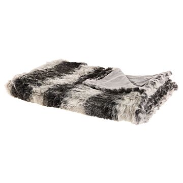 Blanket Grey And White Acrylic 150 X 200 Cm Fluffy Throw Faux Fur Striped Pattern Retro Design Beliani