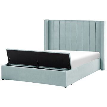 Eu Double Size Panel Bed Mint Green Velvet 4ft6 Slatted Base High Headrest With Storage Bench Beliani