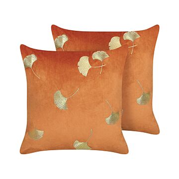 Set Of 2 Decorative Cushions Orange Velvet 45 X 45 Cm Gold Leaf Foil Print Glamour Decor Accessories Beliani