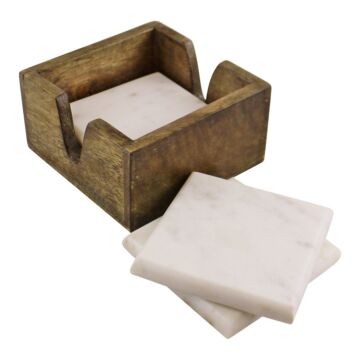 Set Of 4 High Quality Marble Coasters In A Mango Wood Holder