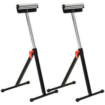 Homcom Set Of 2 Folding Roller Stand, Material Support Pedestal With Ball Bearing Roller Height Adjustable Portable, Metal Construction, Black
