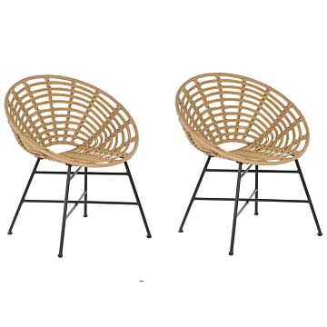 Set Of 2 Garden Chairs Light Brown Pe Rattan Metal Legs Round Shape Boho Beliani