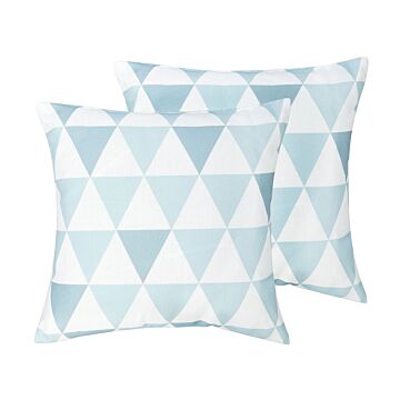 Set Of 2 Outdoor Cushions Blue And White 40 X 40 Cm Geometric Triangle Pattern Garden Pillows Indoor Outdoor Beliani