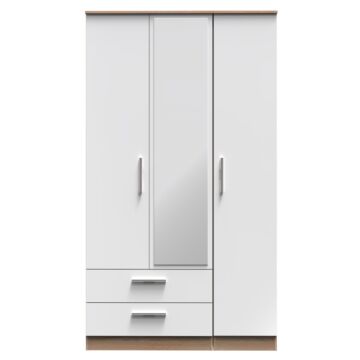 Contrast Tall Triple 2 Drawer Mirrored Wardrobe In White & Bardolino Oak