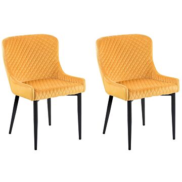 Set Of 2 Dining Chairs Yellow Velvet Upholstered Quilted Beliani