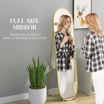 Homcom 40 X 160cm Full Length Mirror, Floor Standing, Wall-mounted Or Leaning Against Wall Tall Mirror With Support Frame, Oval Full Body Mirror, Gold Tone