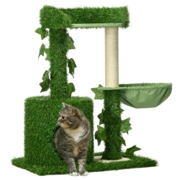 Pawhut 77cm Cat Tree For Indoor Cats With Green Leaves, Multi Levels Cat Climbing Tree With Sisal Scratching Posts, Perch Hammock, Condo Green