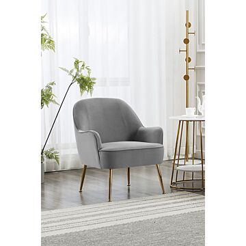 Contemporary Upholstered Grey Velvet Armchair With Gold-plated Feet