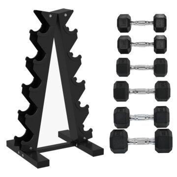 Sportnow 5-tier Dumbbell Rack With 6 Hexagonal Rubber Dumbbells (2x4kg, 2x5kg, 2x6kg), Dumbbell Storage Stand Holder With Weights Sets For Home Gym Fitness, Black