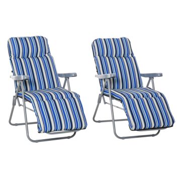 Outsunny Set Of 2 Garden Sun Lounger Outdoor Reclining Seat Cushioned Seat Foldable Adjustable Recliner Blue And White