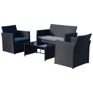 Outsunny 4-seater Rattan Sofa Set Garden Furniture Wicker Weave 2-seater Bench Chair & Coffee Table Conservatory Furniture, Black