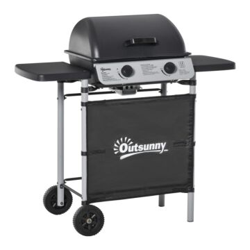 Outsunny 2 Burner Gas Bbq Trolley With Lid, 5.6 Kw Gas Barbecue Grill With Wheels, Side Shelves, Grey