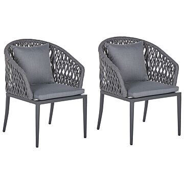 Set Of 2 Garden Dining Chairs Grey Metal Frame With Cushions Rope Weaving Design