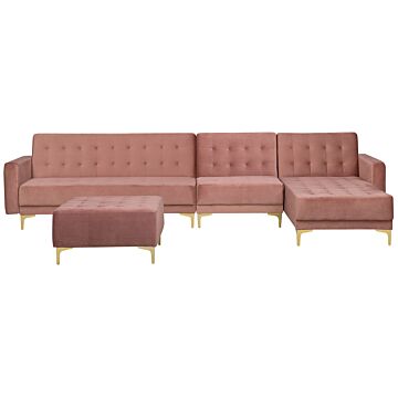 Corner Sofa Bed Pink Velvet Tufted Fabric Modern L-shaped Modular 5 Seater With Ottoman Left Hand Chaise Longue