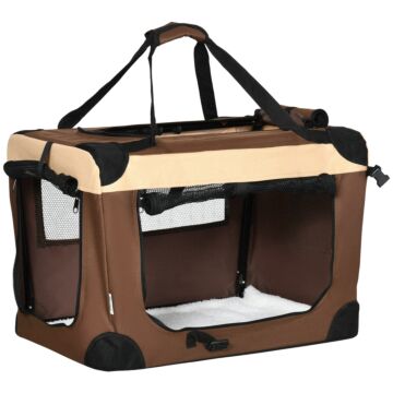 Pawhut 60cm Pet Carrier, Foldable Dog Bag, Portable Cat Carrier, Pet Travel Bag With Cushion For Miniature Dogs, Brown