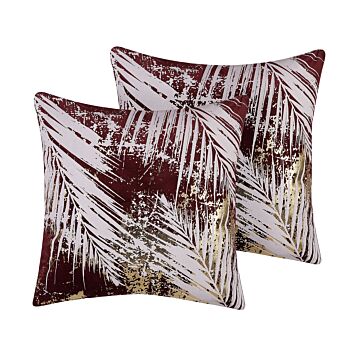 Set Of 2 Decorative Cushions Burgundy Palm Leaf Pattern 45 X 45 Cm Floral Motif Foil Print Glamour Decor Accessories Beliani