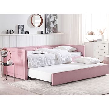 Trundle Bed Frame Pink Corduroy Upholstery Eu Single Size 3ft Slatted Frame Nailhead Trim Glam Beliani