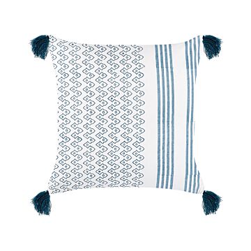 Decorative Cushion White And Blue Cotton 45 X 45 Cm Geometric Pattern Block Printed Boho Decor Accessories Beliani