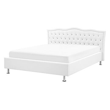 Eu Double Bed White Faux Leather 4ft6 Upholstered Frame Nailhead Trim Crystal Buttons Headrest Beliani