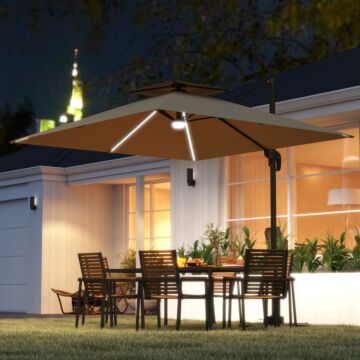 Outsunny 2.5m Cantilever Parasol With Solar Powered Led Lights, 360° Rotation, Tilt Adjustment, Crank Handle, Khaki