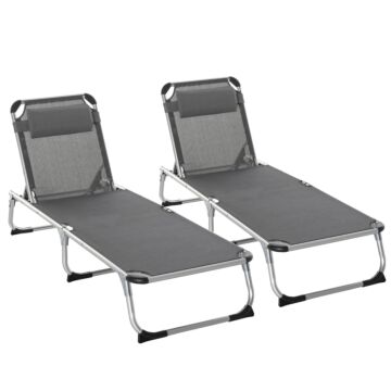 Outsunny 2 Pieces Foldable Sun Lounger With Pillow, 5-level Adjustable Reclining Lounge Chair, Aluminium Frame Camping Bed Cot, Grey