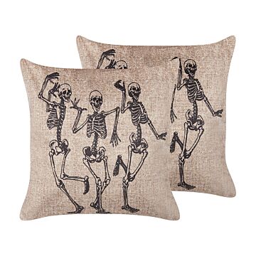 Set Of 2 Decorative Cushions Beige Velvet 45 X 45 Cm Skeleton Pattern Square Modern Halloween Decor Accessories Beliani