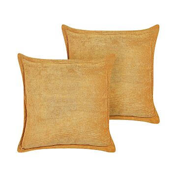 Set Of 2 Yellow Decorative Pillows Corduroy 43 X 43 Cm Modern Traditional Living Room Bedroom Cushions Beliani