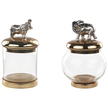 Set Of 2 Decorative Containers Gold And Silver Aluminium Jars Animal Motif Lids Transparent Beliani
