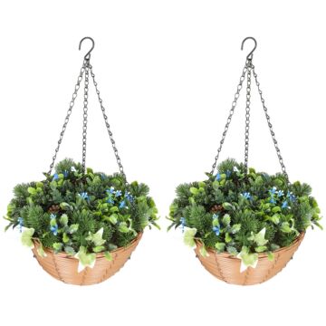Homcom Artificial Flowers In Basket Set Of 2, Artificial Hanging Baskets With Pe Leaves, 18 Flowers And 3 Pinecones In Pot, Decorative Faux Plant For Home Office Decor, Green