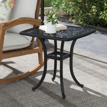Outsunny Cast Aluminium Bistro Table, Outdoor Square Side Table With Umbrella Hole, Garden Table For Balcony, Poolside, Black
