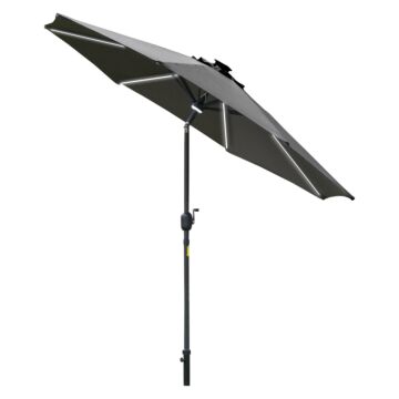 Outsunny 2.7m Garden Parasol Sun Umbrella Patio Summer Shelter W/ Led Solar Light, Angled Canopy Vent, Crank Tilt, Grey