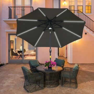 Outsunny 2.7m Garden Parasol Sun Umbrella Patio Summer Shelter W/ Led Solar Light, Angled Canopy Vent, Crank Tilt, Grey