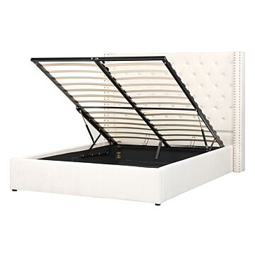 Bed Frame With Storage Off-white Velvet Upholstered 4ft6 Eu Double Size Ottoman Bed Beliani