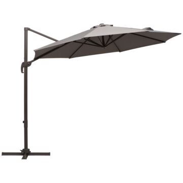 Outsunny 3m Roma Umbrella Sun Shade Cantilever Hanging Parasol W/ Cross Base Hand Crank Aluminium Frame 360°rotation - Grey