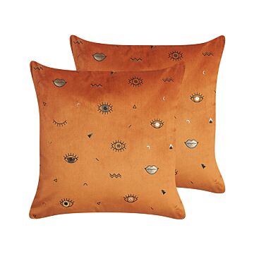 Set Of 2 Decorative Cushions Orange Velvet 45 X 45 Cm Eye Motif Glamour Decor Accessories Beliani