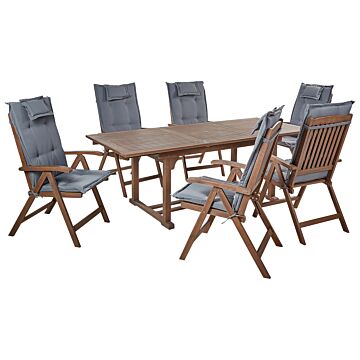 Garden Dining Set Dark Solid Acacia Wood Extending Table 6 Chairs With Grey Cushions Adjustable Backrest Folding Rustic Style Beliani