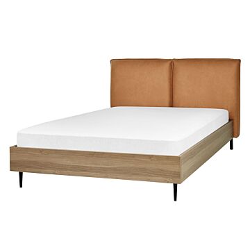 Bed Frame Golden Brown Faux Leather Eu Double Size Bed 4ft6 Upholstered Headboard Metal Legs Wooden Slatted Base Modern Style Bedroom Beliani