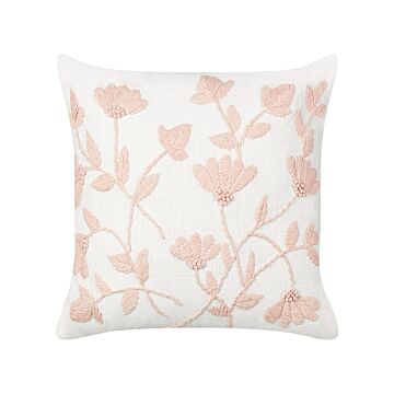 Scatter Cushion White And Pink Cotton 45 X 45 Cm Handmade Throw Pillow Embroidered Floral Pattern Flower Motif Removable Cover Beliani