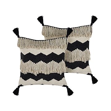 Decorative Cushions Beige And Black Cotton 40 X 60 Cm With Tassels Boho Geometric Pattern Handmade Accent Piece Beliani