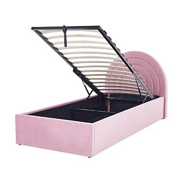 Storage Bed Pink Velvet Eu Single Size 3ft Minimalist Retro Design Ottoman Storage Half-round Headboard Beliani