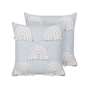 Set Of 2 Scatter Cushions Light Blue Cotton 45 X 45 Cm Throw Pillow Embroidered Rainbow Pattern Beliani